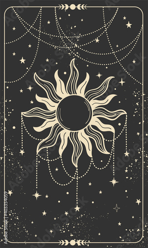 Tarot card with sun, jewelry and stars. Magic card, bohemian design, tattoo, engraving, cover for the witch. Golden mystical hand drawing on a black background.