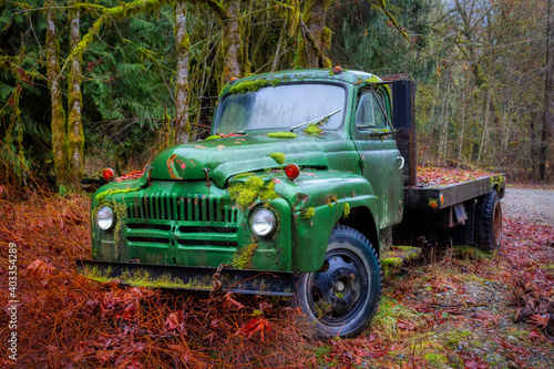 Old Vintage Abandoned Truck broken down in the woods. Taken near Squamish, British Columbia, Canada.