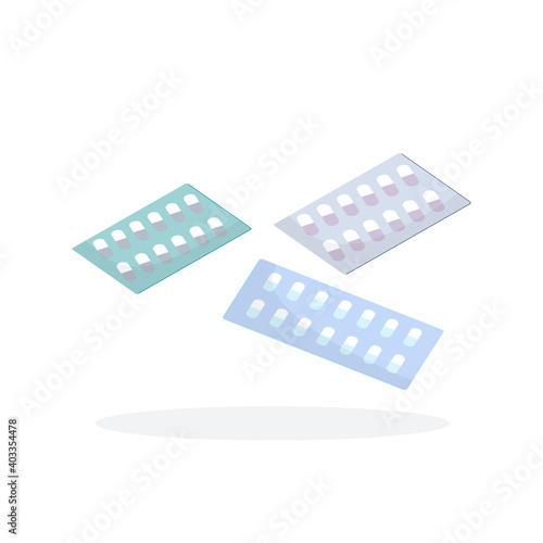 Pharmacy development concept. Various, isolated pills, antibiotics or vitamins. Medicine for the treatment of illness, virus, allergies. Healthcare and medicine. Vector image. Flat style.