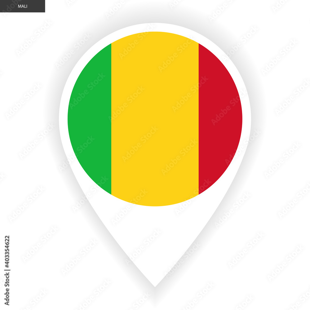 Fototapeta premium Mali marker icon with white border isolated on white background. Mali pin icon with shadow on white background.