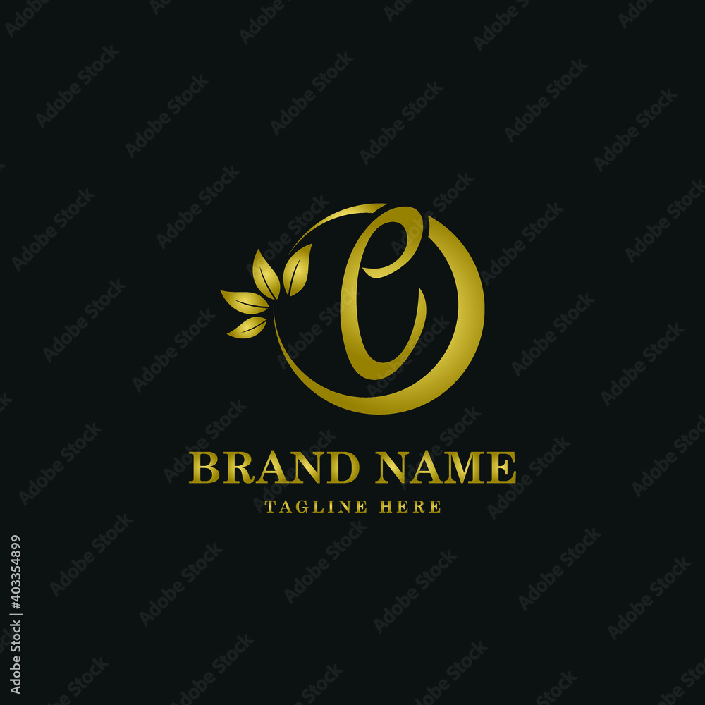 Golden Luxury Initial letter e on circle leaves for cosmetic, restaurant, boutique, hotel logo concept vector