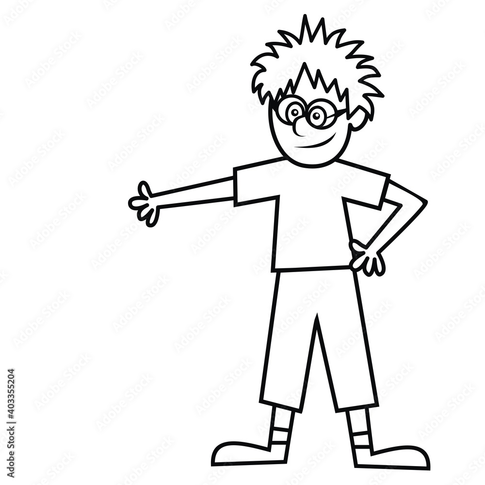 The boy points, vector illustration, black and white The boy points, vector illustration, black and white