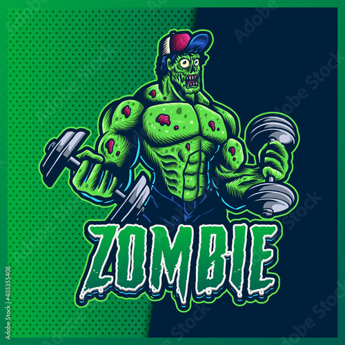 Zombie Gym esport and sport mascot logo design with modern illustration concept for team, badge, emblem and t-shirt printing. Green Zombie illustration on isolated background. Premium Vector