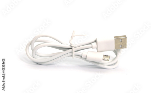 Canvas Print Close up white USB and micro USB cable plug isolated on white background