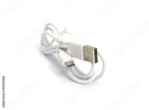 Close up white USB and micro USB cable plug isolated on white background