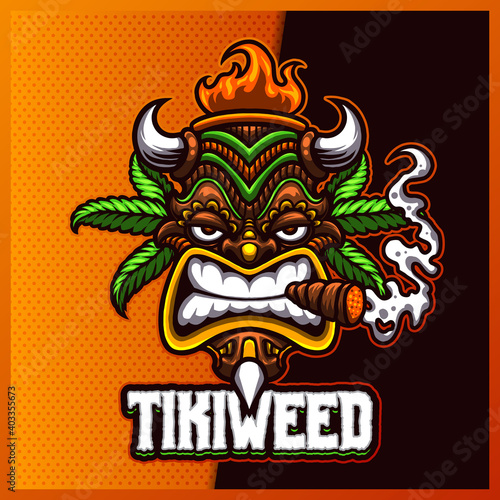 Tiki Weed esport and sport mascot logo design with modern illustration concept for team  badge  emblem and t-shirt printing. Tiki Mask illustration on isolated background. Illustration Premium Vector