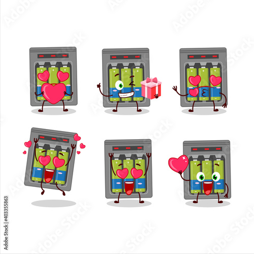 Electric battery charge cartoon character with love cute emoticon