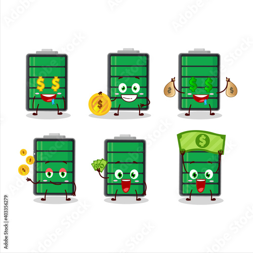 Fully charge battery cartoon character with cute emoticon bring money