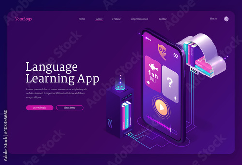 Language learning app banner. Mobile online education service, digital training foreign languages. Vector landing page with study application on smartphone screen and computer cloud with books