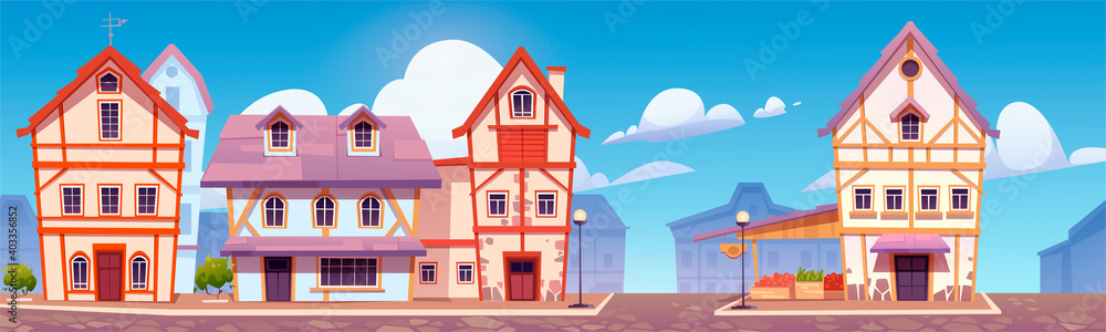 Medieval german street with half-timbered houses. Traditional european buildings in old town or village. Vector cartoon landscape with fachwerk cottages and grocery market