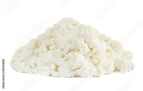 Pile of Cottage cheese isolated on white background closeup. Diary Organic food.