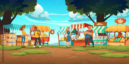 Outdoor farm market with stalls, vendors and clients at summer day. Fair booths, wooden kiosks with ecological products. Counters for street trading, city retail place, cartoon vector illustration