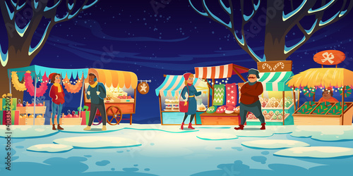 People on Christmas fair with market stalls with candies  santa hats  cakes and gingerbreads. Vector cartoon winter landscape with traditional holiday marketplace with garland lights at evening