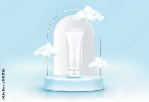 White cosmetic tube on round podium with arch and fluffy clouds on blue background. Vector realistic mockup of blank plastic package for makeup, skincare or beauty product on platform