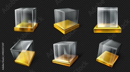 Plastic or glass cube on gold base various angle view. Clear square box, crystal block, aquarium or exhibit podium, Glossy geometric object isolated on transparent background, Realistic 3d vector set