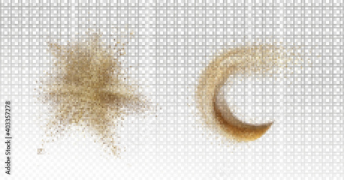 Sand explosion, sandy splash, scatter grains stain or stroke and wave isolated on transparent background. Design elements, textured smears of beige or yellow colors, Realistic 3d vector illustration
