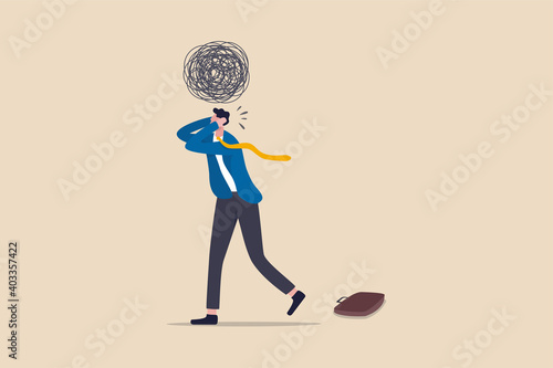 Stress at work, exhausted from overworked and too many problems or frustrated and paranoia office worker concept, hopelessness frustrated businessman employee with anxiety busy line over his head. photo