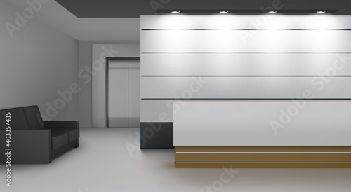 Reception interior with lift, modern foyer room with desk, illumination, couch and elevator door. Empty hall or lobby area with soft light, contemporary decor render, Realistic 3d vector illustration photo