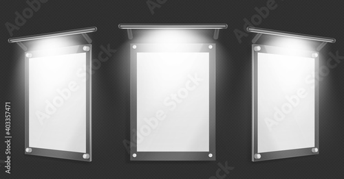 Acrylic poster, blank glass frame with illumination hang on wall isolated on black background. Empty photo frame template, name plate, plexiglass banner, holder mockup Realistic 3d vector illustration
