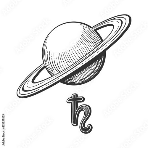 Planet Saturn with rings with astrological sign, linear hand drawing isolated on white background. Symbol for astrology, zodiac signs, natal chart.