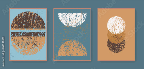 Vector boho triptych wall art home decor prints. Bohemian style abstract geometric cards. Minimal hand drawn artistic home decor. Earth tones blue mustard colors printable wall posters, covers