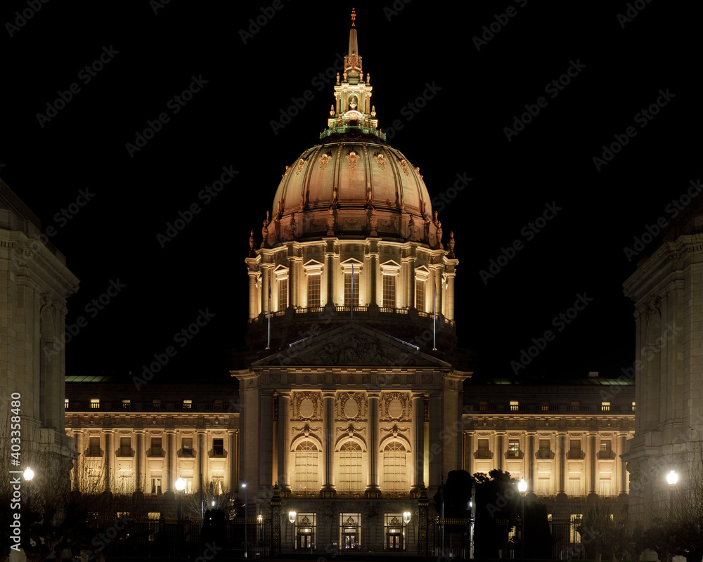 San Francisco City Hall Lit in Gold, in Celebration of New Year 2021