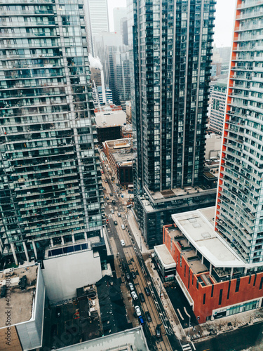 Photography View on downtown Toronto city in Canada, Ontario from top above roof
