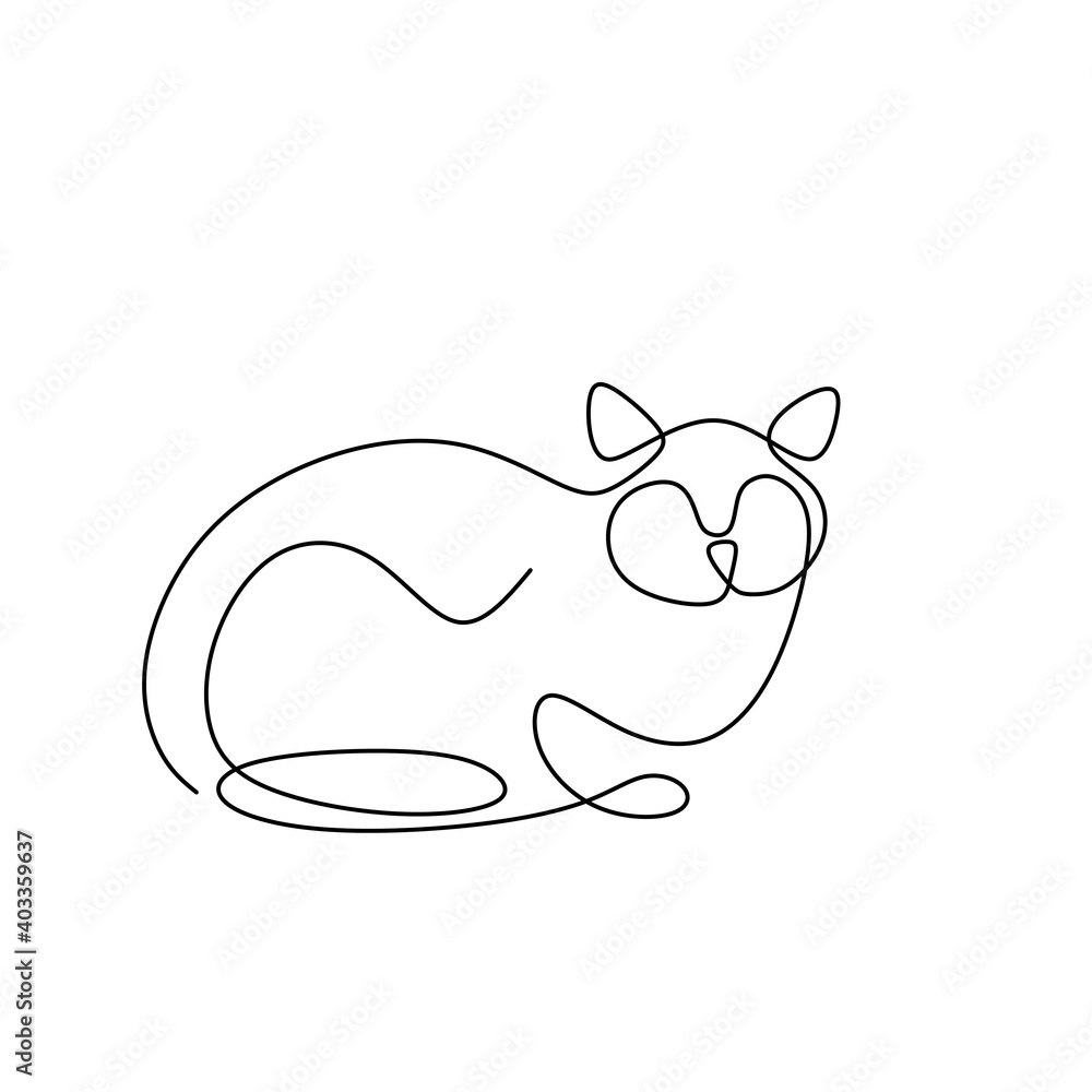 Continuous one line drawing of happy cute cats silhouettes. Hand-drawn sitting cats with curled tail isolated on white background. Love pet concept. Minimalist contour kitten animals illustration - obrazy, fototapety, plakaty 