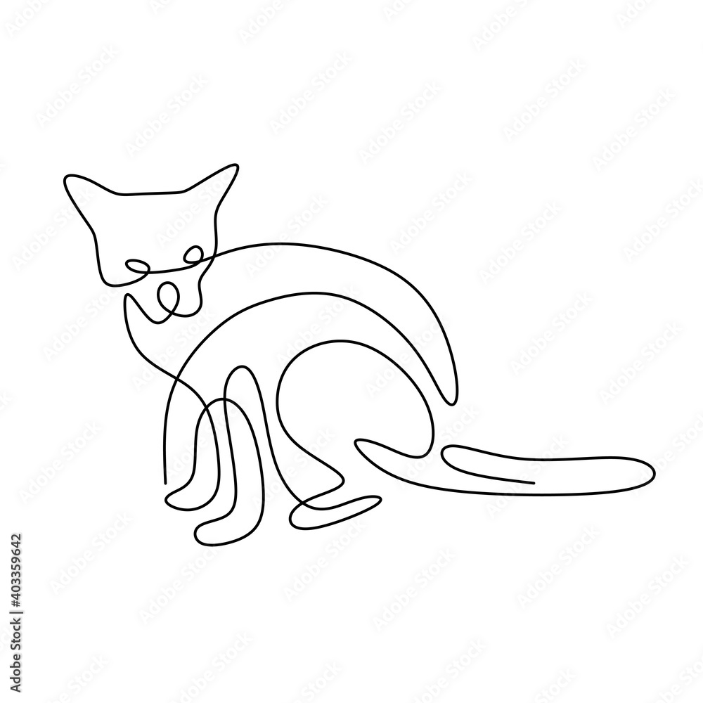 Continuous one line drawing of happy cute cats silhouettes. Hand-drawn sitting cats with curled tail isolated on white background. Love pet concept. Minimalist contour kitten animals illustration - obrazy, fototapety, plakaty 
