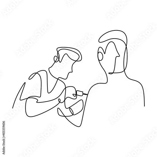 One continuous line drawing of young male doctor giving vaccine injection at hospital to male patient to protect from COVID-19. Prevent disease concept. Hand-drawn medical officer minimalism design