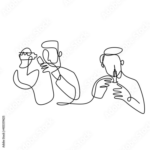 Two young doctors one continuous line drawing. A doctor holding injection and one other holding bottle vaccine. Professional medical officer. Health care concept. Vector minimalism style illustration