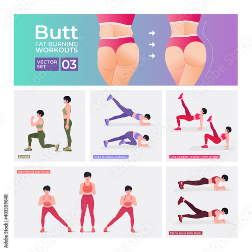 Buttocks fat burning workout Set. Women doing fitness and yoga exercises. Lunges, Pushups, Squats, Dumbbell rows, Burpees, Side planks, Situps, Glute bridge, Leg Raise, Russian Twist, Side Crunch .etc