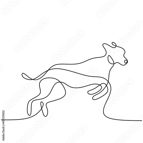Hound dog one continuous line drawing on white background. Funny doggy is standing pose. The concept of wildlife, pets, veterinary. Hand drawn minimalism style vector illustration. Friendly pet icon