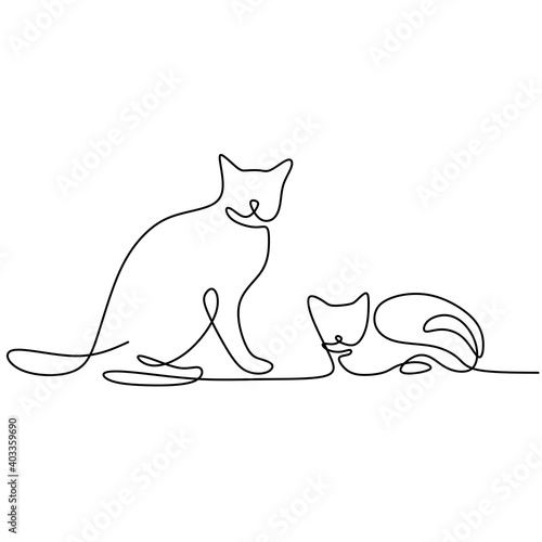 Continuous one line drawing of two cats in minimalism style. Cute cat animals mascot concept for pedigree friendly pet icon. The concept of friendly, pets, veterinary. Vector illustration