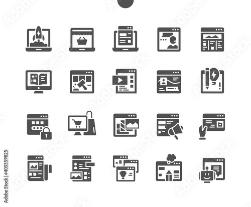 Website types. Landing page. Web service. Personal project. Online catalog. Web design and coding. Vector Solid Icons. Simple Pictogram