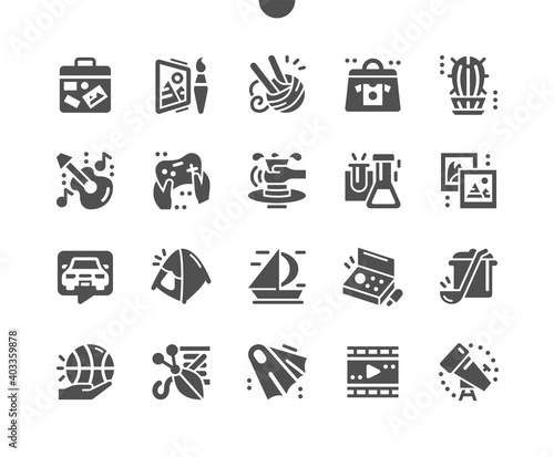 Hobbies and leisure activities. Traveling, tourism, swimming, cookery and pottery. Mechanic working with machine. Creative artistic hobbies. Vector Solid Icons. Simple Pictogram