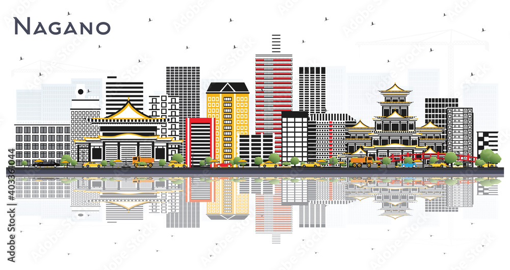 Nagano Japan City Skyline with Color Buildings and Reflections Isolated on White Background.