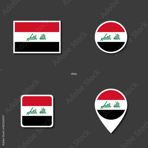 Iraq flag icon set in different shape (rectangle, circle, square and marker icon) on dark grey background. Iraq flag icon collection on barely dark background
