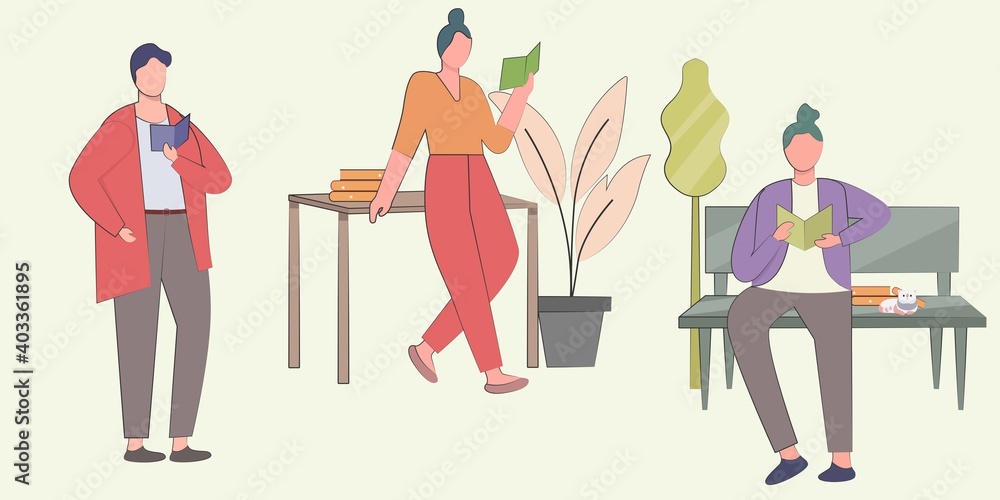 Set of Flat cartoon vector illustration People literature fans with books. People Characters Reading Or Student. Person book lovers and readers. Set of book lovers, modern literature fans isolated.