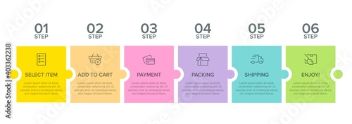 Concept of shopping process with 6 successive steps. Six colorful graphic elements. Timeline design for brochure, presentation, web site. Infographic design layout.