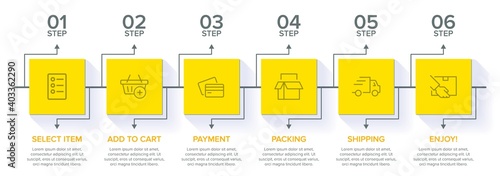 Concept of shopping process with 6 successive steps. Six colorful graphic elements. Timeline design for brochure, presentation, web site. Infographic design layout.