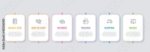 Concept of shopping process with 6 successive steps. Six colorful graphic elements. Timeline design for brochure, presentation, web site. Infographic design layout.