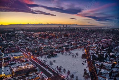 Aerial View of Cherry Creek at Sunset with fresh Snow © Jacob