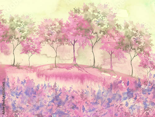 watercolor postcard with wild flowers, pink plants. Watercolor background. Blossoming meadow, field, countryside landscape. pink Tree. Summer, Spring landscape. Silhouettes of forest. Blooming garden