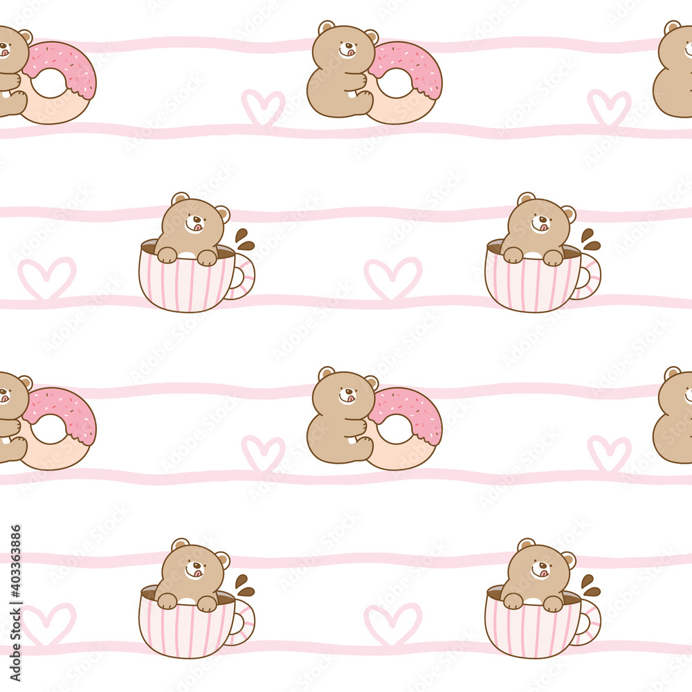 Seamless Pattern with Cute Cartoon Bear Illustration Design on White Background with Pink Wavy Lines and Hearts
