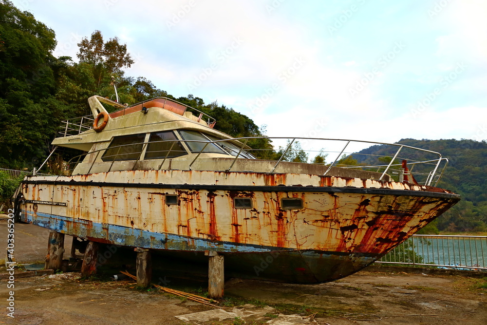 Abandoned Boat at Shimen Reservoir, one of the main reservoirs in Taoyuan City northern Taiwan, Abandoned Boat at Shimen Reservoir, one of the main reservoirs in Taoyuan City northern Taiwan,