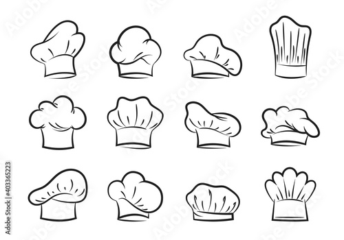 Chefs hats set. Contours of professional headgear for pastry chefs and bakers fashionable uniform design with curls and folds.
