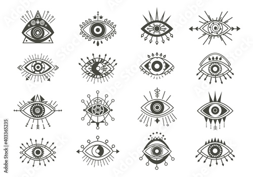 Mystical eyes symbols set. Esoteric signs with sacred vision circle and arrows occult look amulets with geometric figures of religious secrets of astral worlds and universes. Vector vision.