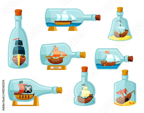Ships in bottles set. Models of sailing ships locked in glassware pirate flagships and sunken corvettes with pouring gold caravels decoration game interface and design. Vector sea adventures.
