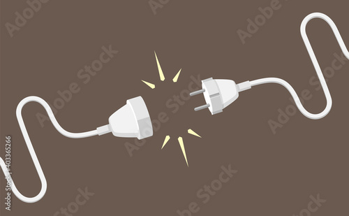 Connecting plug and electrical extension cable illustration. White cords with joined together household and industrial power joint creative work and competent communication. Cartoon vector.